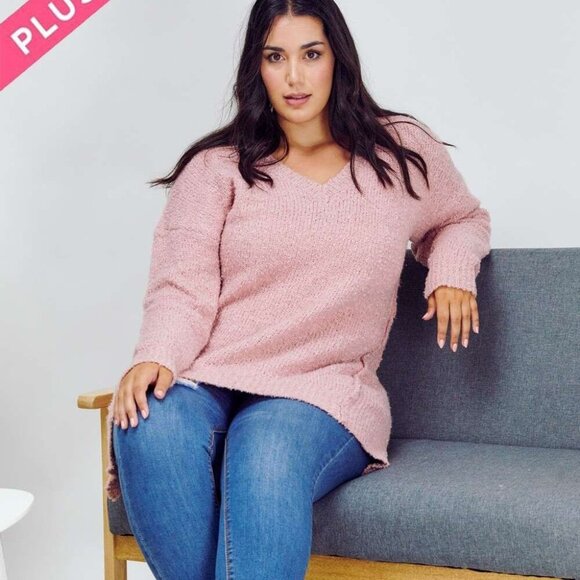 Davi & Dani Pink V-Neck Hi-Low Hem Knit Sweater - Plus Size Cozy Oversized - Picture 2 of 4